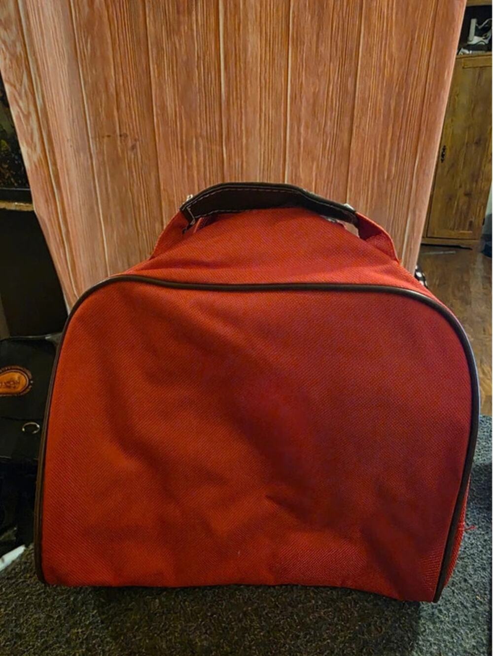 Brick Red Canvas Shoe Bag Travel Packing Cube Brown Faux Leather Trim